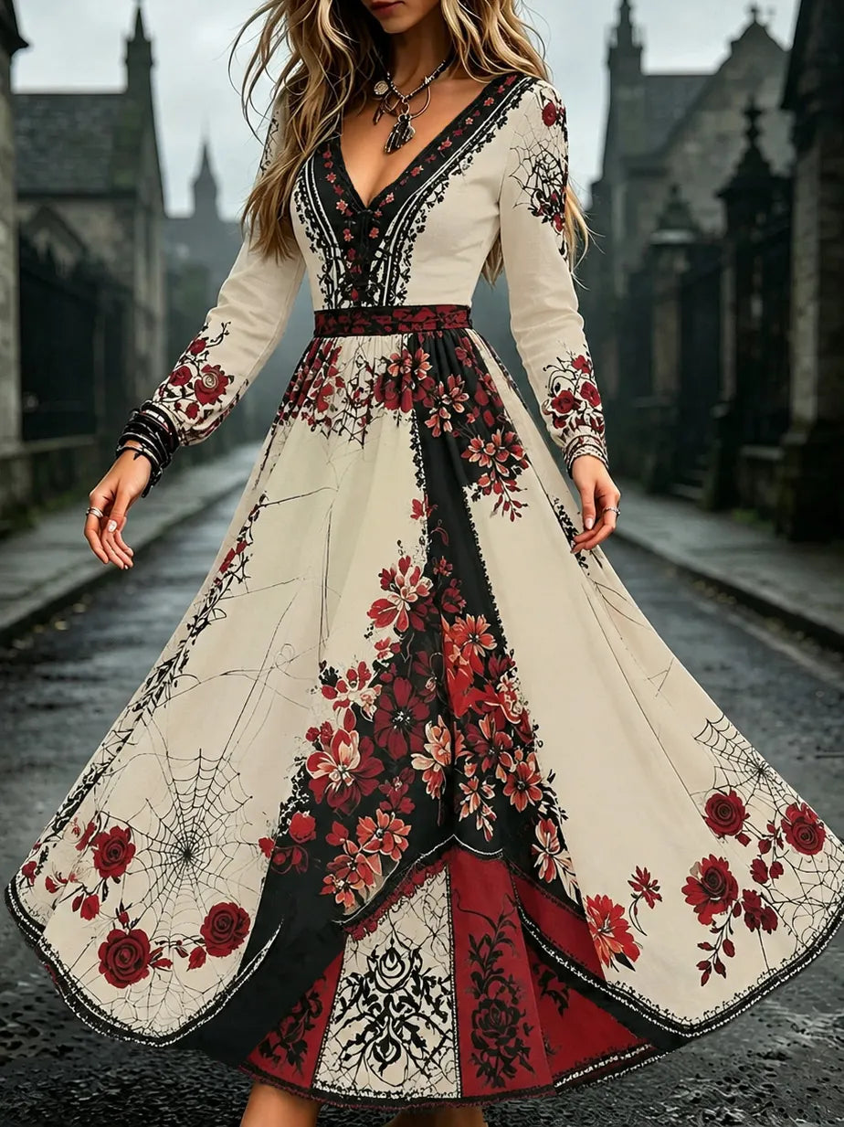 Cardydony Women's Retro Halloween Floral Spiderweb Color Block Art Print V-neck Long Sleeve Dress