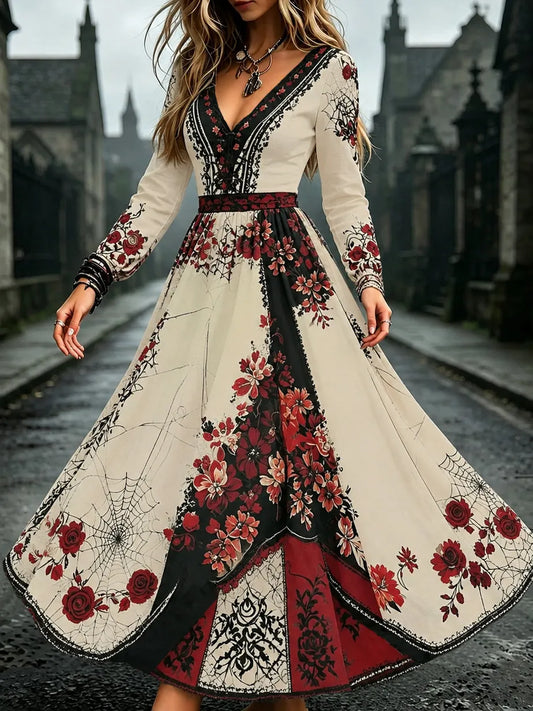 Cardydony Women's Retro Halloween Floral Spiderweb Color Block Art Print V-neck Long Sleeve Dress