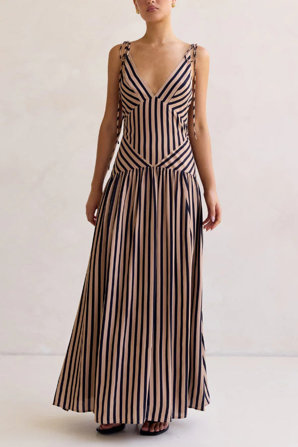 Cardydony Women's Striped Print Tie Backless Sleeveless V-Neck Elegant Maxi Dress