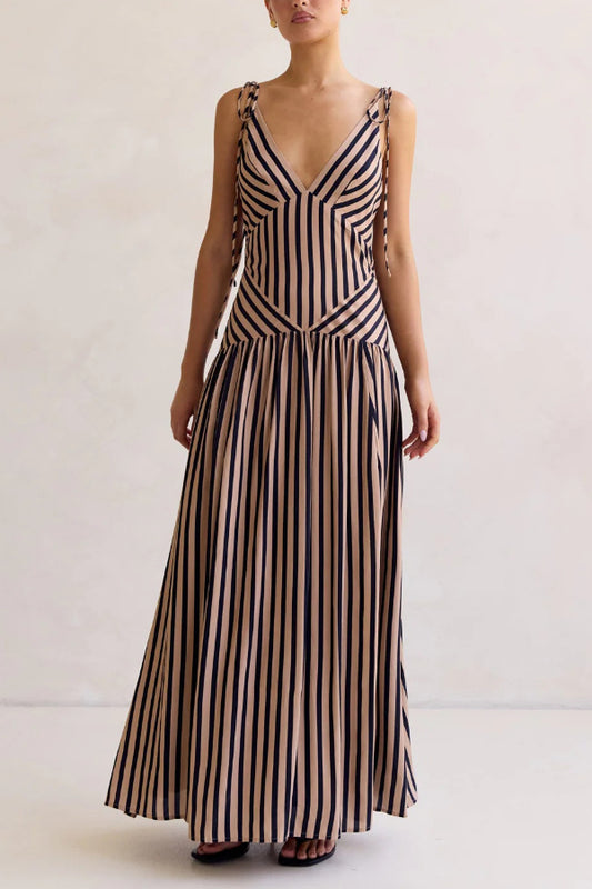 Cardydony Women's Striped Print Tie Backless Sleeveless V-Neck Elegant Maxi Dress