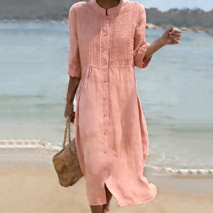 Cardydony Women's Solid Color Multi-pleated Linen Blend Dress