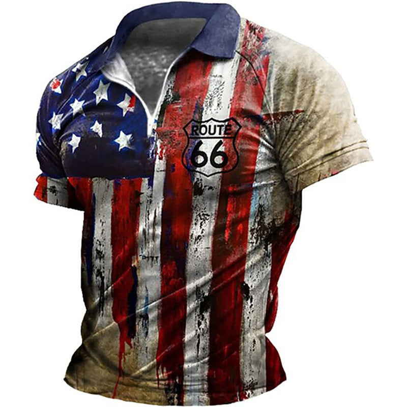 Cardydony Men's Retro American Flag Veterans Print Zipper Up Polo Shirt