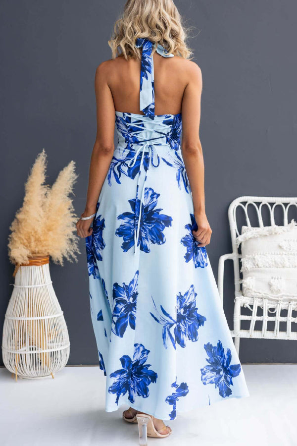 Cardydony Women's Floral Print V-neck Backless Tie-up Fitted Waist Elegant Maxi Dress