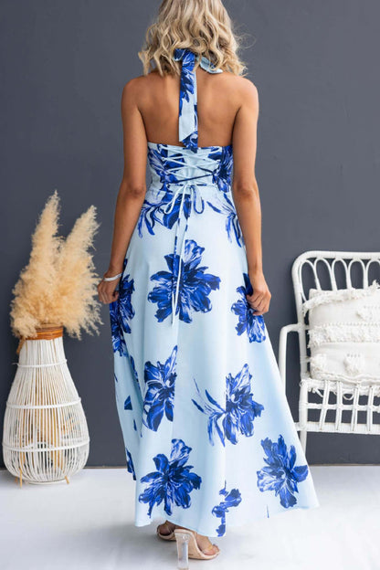 Cardydony Women's Floral Print V-neck Backless Tie-up Fitted Waist Elegant Maxi Dress