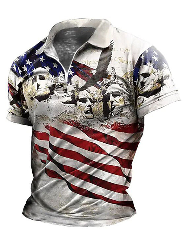 Cardydony Men's American Flag Veterans Print Zipper Up Polo Shirt