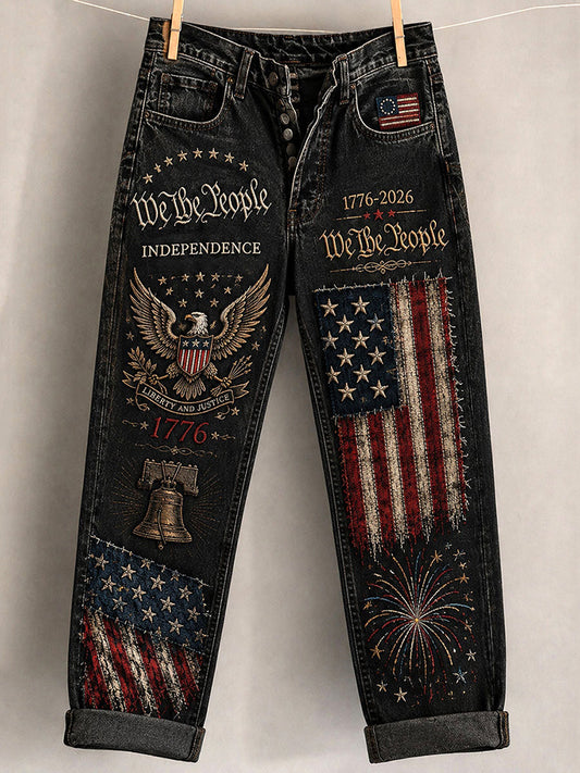 Cardydony Women's Independence Day Printed Casual Imitation Denim Pants