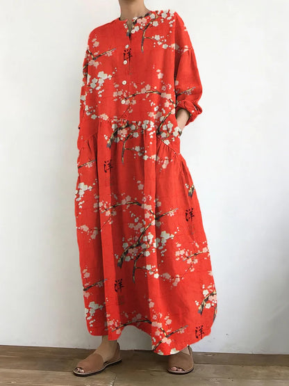 Cardydony Vintage Cherry Blossom Art Pattern Cozy Linen Maxi Dress