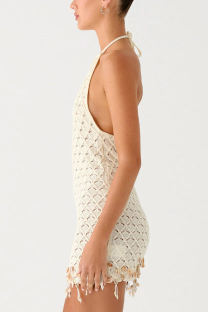 Cardydony Women's Fashionable Openwork Knit Halter Neck Backless Shell Embellished Vacation Cover-up Mini Dress