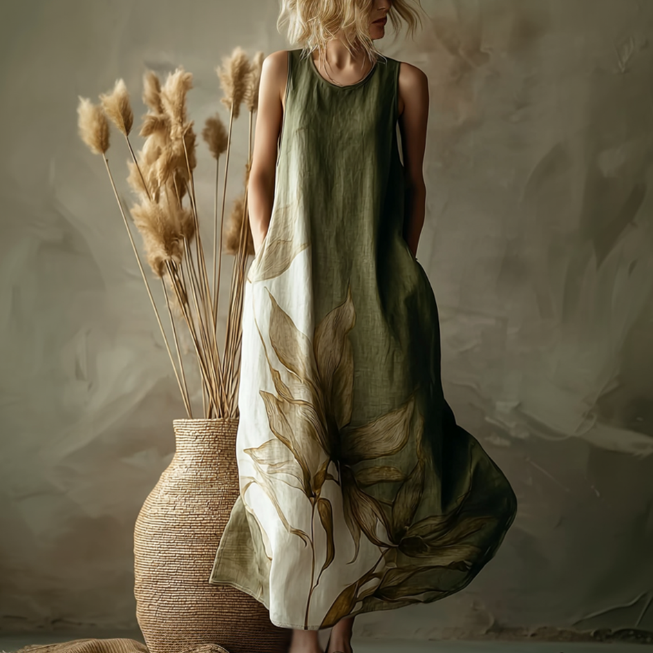 Cardydony Plant Pattern Design Casual Linen Dress