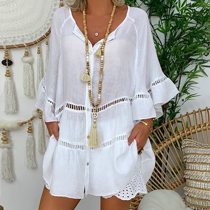 Cardydony Casual Lace-trimmed Three-quarter Sleeve Cotton And Linen Shirt Dress