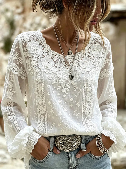 Cardydony Women's White Floral And Lace Art Vintage Cotton Linen Round Neck Long Sleeve Top