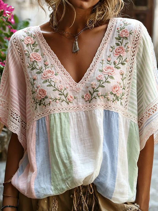 Cardydony Vintage Rose And Lace Art Embroidery Color-block Splicing Comfortable Cotton Linen V-neck Short Sleeve Top