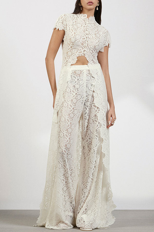Cardydony Women's Elegance Avant-garde Floral Lace Short Sleeve High Low Top and High Rise Wide Leg Pants Set