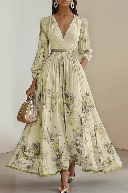 Cardydony Women's Unique Printed V-Neck Long Sleeve Bow Tie Waist Holiday Maxi Dress