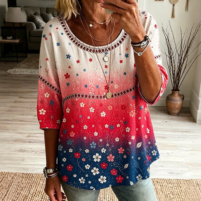 Cardydony Women's Independence Day And Floral Art Flowy Linen Blend Three Quarter Sleeves T-shirt