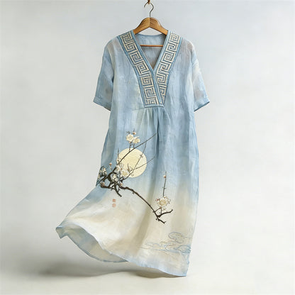 Cardydony Japanese Plum Blossom Moon Gradient Flowy Linen Maxi Dress