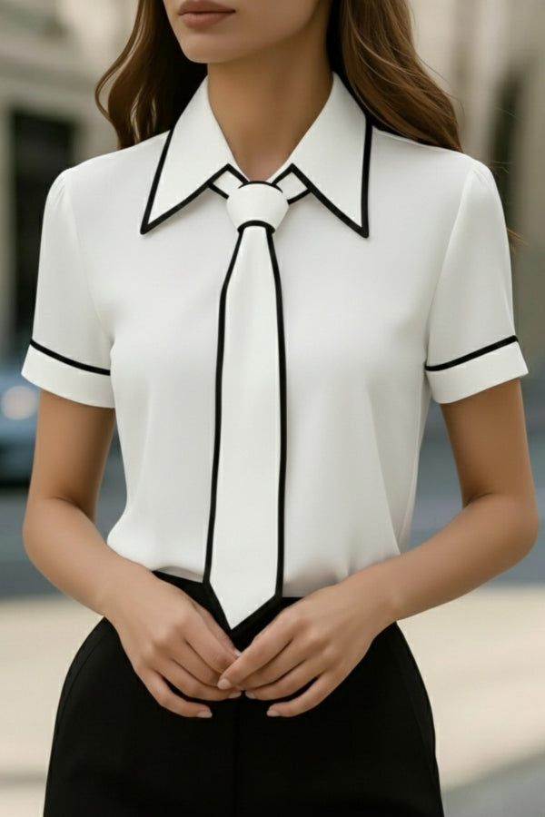 Cardydony Women's  Stylish Color-blocked Trim Collared Short-sleeved Casual Shirt