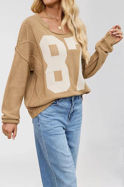 Cardydony Women's Fashionable Digital Jacquard Loose Long-sleeved Knit Sweater