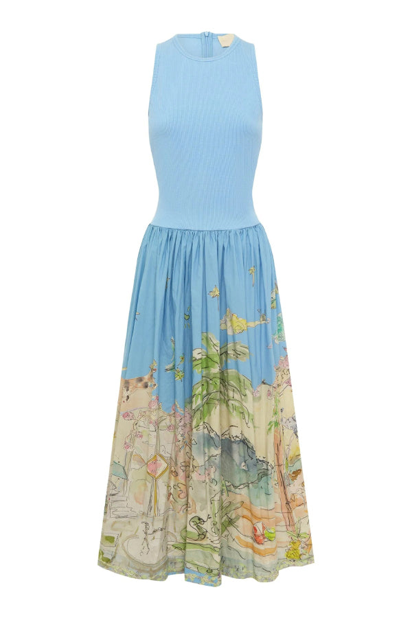 Cardydony Women's Ink Wash Print Round Neck Sleeveless Resort-style Midi Dress