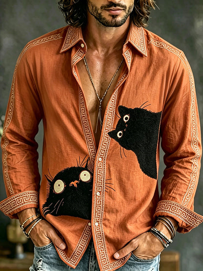 Cardydony Men's Cat Collection Cute Black Cat Inspired Art Flowy Linen Blend Shirt