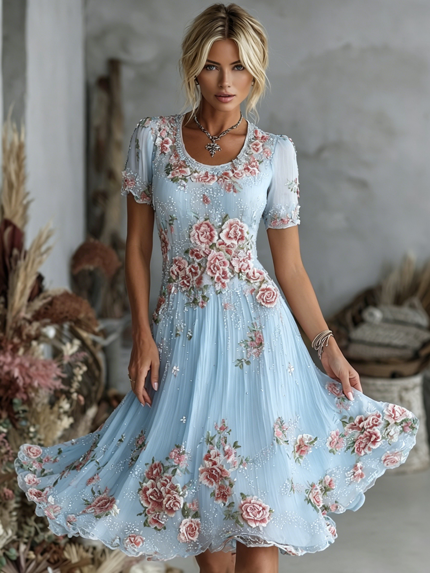 Cardydony Women's Vintage Floral Art Pattern Crew Neck Short Sleeve Linen Maxi Dress