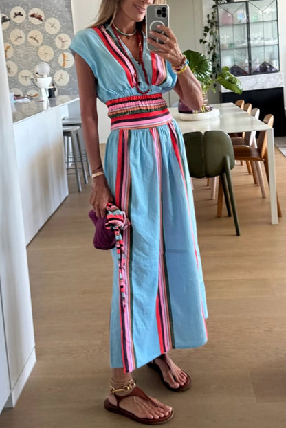 Cardydony Women's Stylish Striped Print V-neck Cropped Top and Elastic Waist Casual Maxi Skirt Set