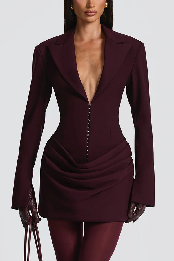 Cardydony Women's Solid Color Slim-fit V-neck Elegant Draped Formal Mini Dress