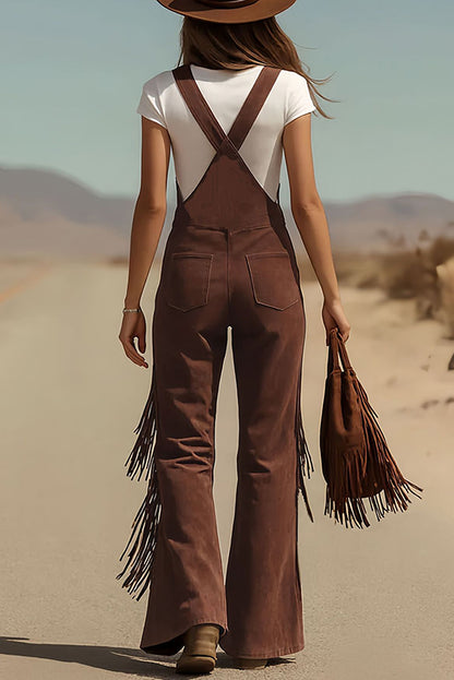 Cardydony Women's Stylish Suede Tassel Button Pocket Casual Wide-leg Overalls