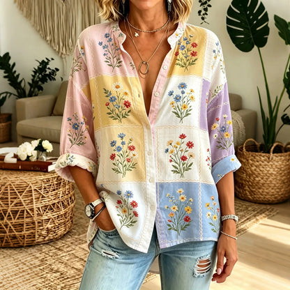 Cardydony Women's Floral Patchwork Art Print Long Sleeve Shirt