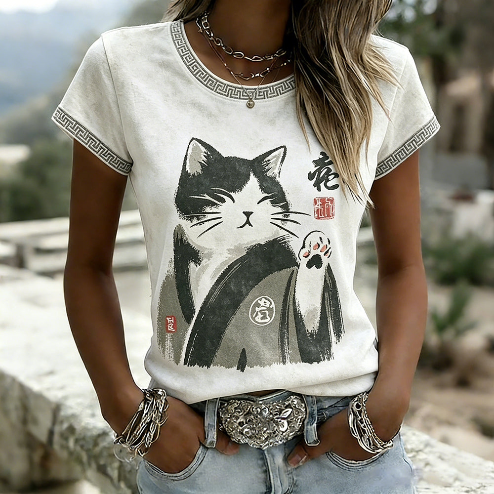 Cardydony Vintage Japanese Cat Art Pattern Washed T Shirt