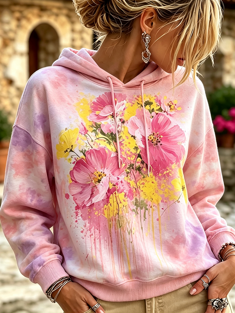 Cardydony Women's Casual Pullover Hoodie Sweatshirt With Pink Tie-dye And Watercolor Cosmos Floral Print