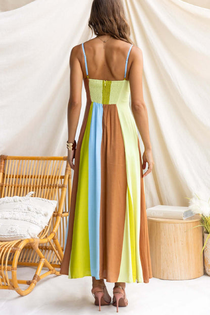 Cardydony Women's Linen Blend Color-blocked Print Suspender Sleeveless Casual Pocket Maxi Dress