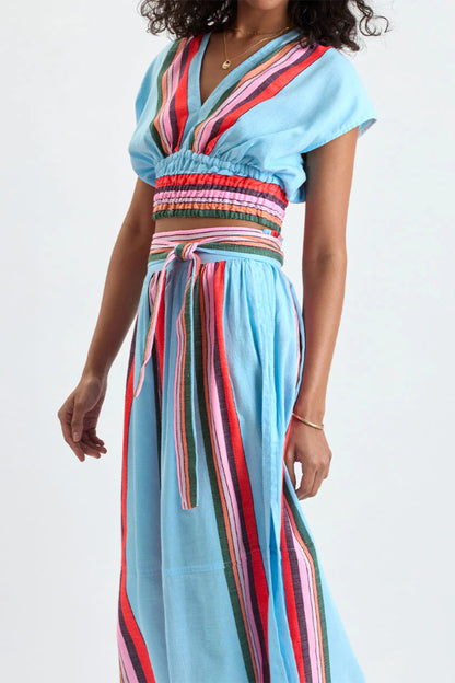 Cardydony Women's Stylish Striped Print V-neck Cropped Top and Elastic Waist Casual Maxi Skirt Set