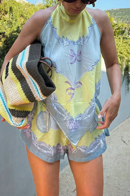 Cardydony Women's Amalfi Coast Satin Unique Print Scarf Top and Elastic Waist Pocket Loose Shorts Set