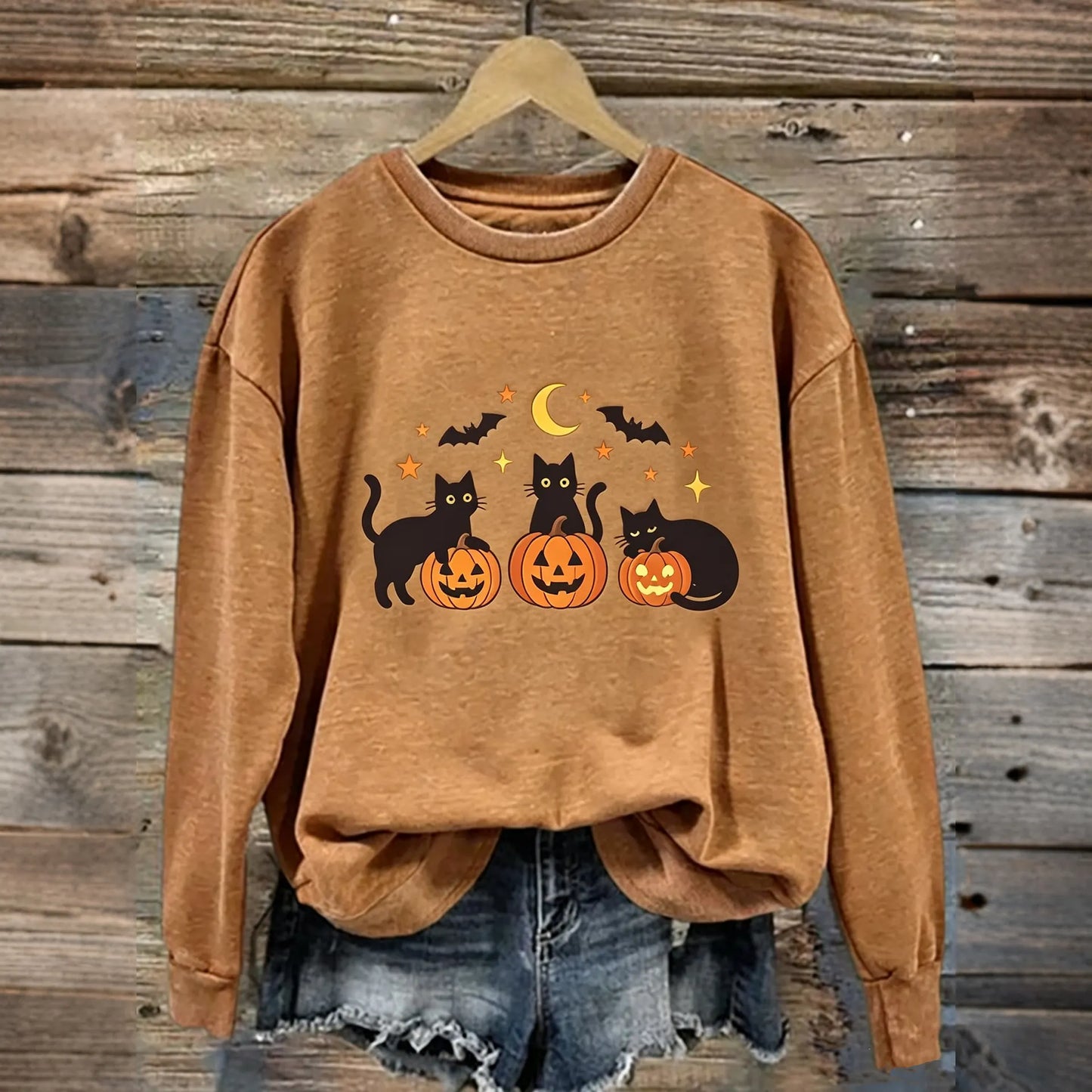 Cardydony Women's Retro Halloween Black Cat Pumpkin Pattern Casual Sweatshirt