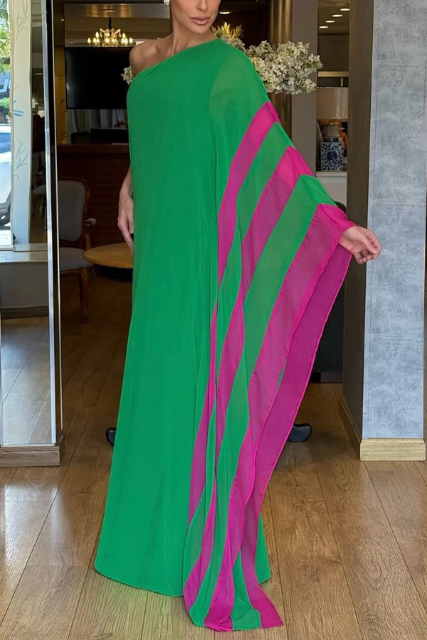 Cardydony Women's Fashionable Vacation Chiffon Color-blocked One Shoulder Loose Maxi Dress