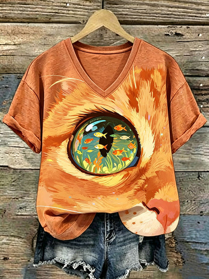 Cardydony Retro Cute Cat And Fish Pattern Casual T-shirt
