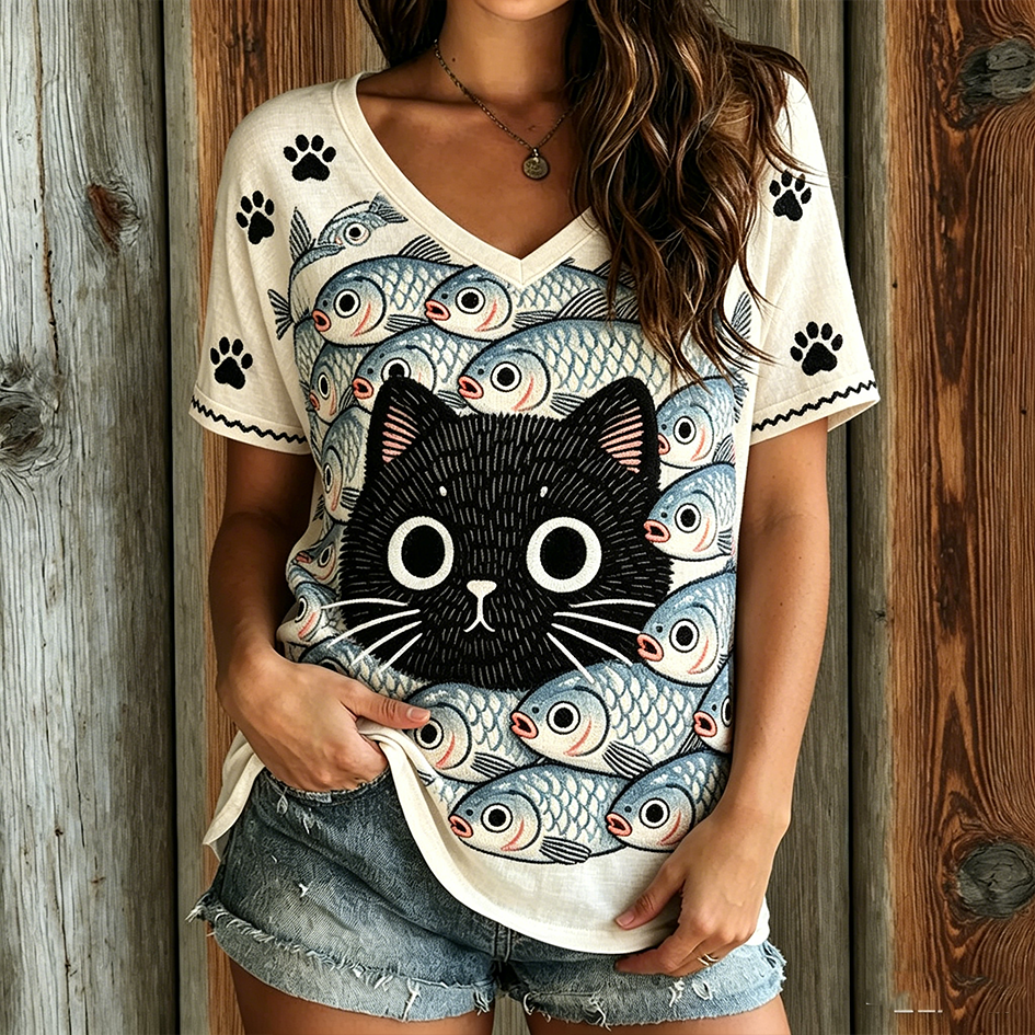 Cardydony Cat And Fish Pattern Casual Washed T-shirt