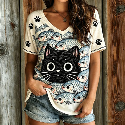 Cardydony Cat And Fish Pattern Casual Washed T-shirt
