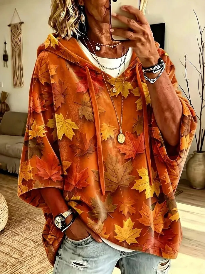 Cardydony Women's Autumn Maple Leaf Print Half-sleeve Hoodie