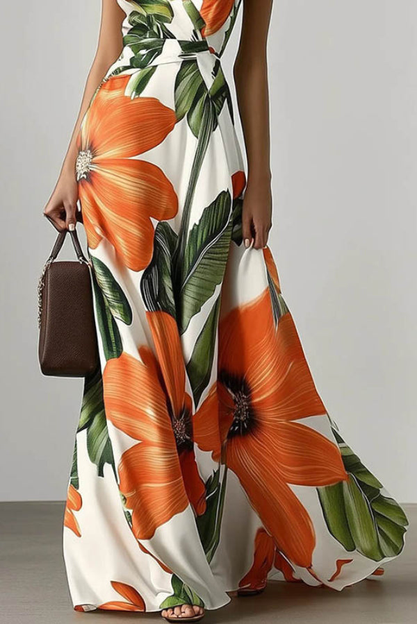 Cardydony Women's Floral Print V-neck Sleeveless Fitted Waist Vacation Maxi Dress