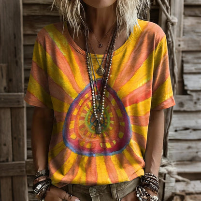 Cardydony Women's Retro Hippie Print Print Crew Neck Short Sleeve T-shirt