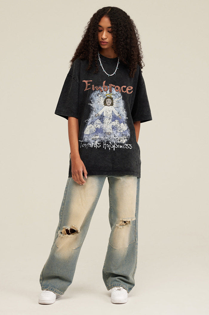 Cardydony Women's Embrace Angel Graphic Tee – Oversized Streetwear for Women