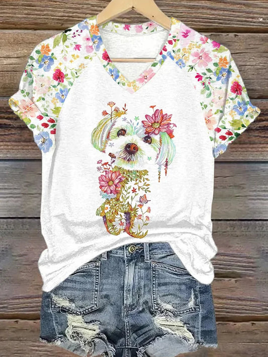 Cardydony Women's Floral Dog Print Casual T-shirt