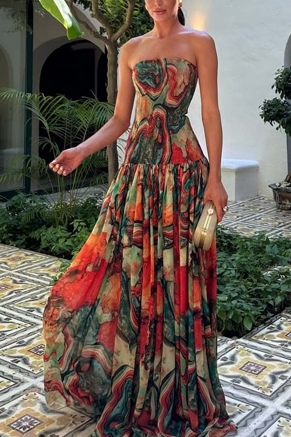 Cardydony Women's Vacay Vibes Colorful Lava Print Off Shoulder Smocked Scarf Maxi Dress