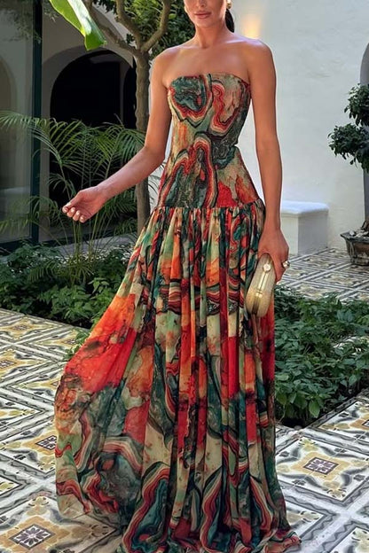Cardydony Women's Vacay Vibes Colorful Lava Print Off Shoulder Smocked Scarf Maxi Dress