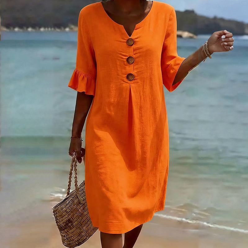 Cardydony Casual Solid-color Cotton V-neck Button Midi Dress
