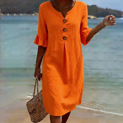 Cardydony Casual Solid-color Cotton V-neck Button Midi Dress
