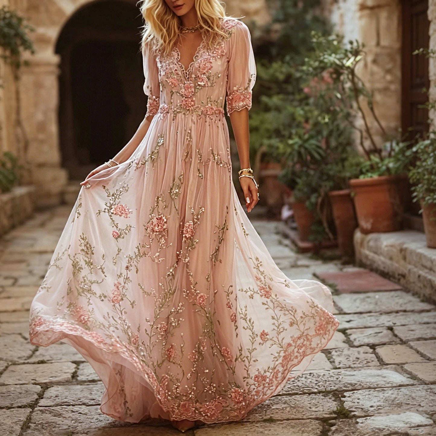 Cardydony Women's Retro Bohemian Style Rose Floral Print Embroidered Sequin Dress
