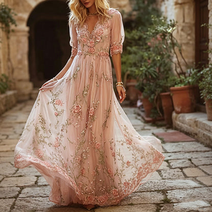 Cardydony Women's Retro Bohemian Style Rose Floral Print Embroidered Sequin Dress